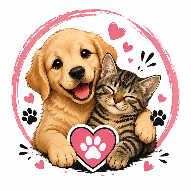 Ilustración de un perrito y un gatito abrazados con un corazón